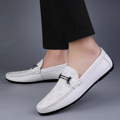 Stylish Leather Loafer for Women with Metal Buckle Perforated Slip On Casual Style