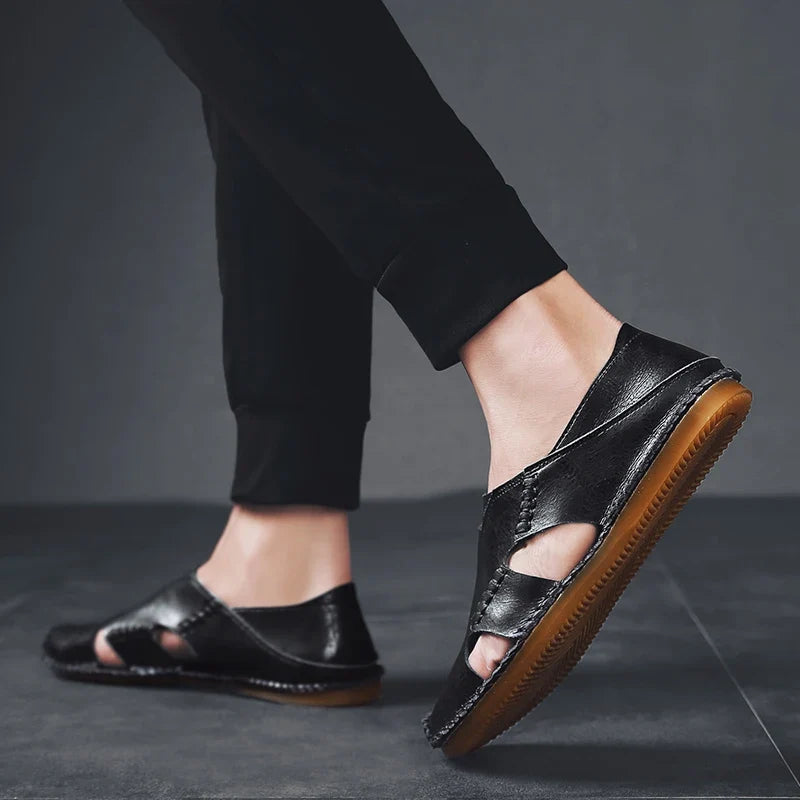Effortless Leather Cutout Sandals for Women with Hand Stitched Closed Toe Slip On Casual Style