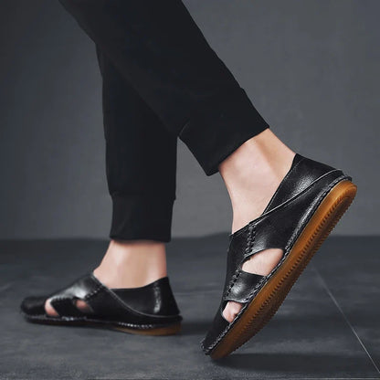 Effortless Leather Cutout Sandals for Women with Hand Stitched Closed Toe Slip On Casual Style