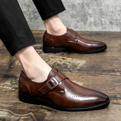 Elegant Leather Monk Strap Loafers for Women with Buckle Strap Brogue Detail Pointed Toe Style