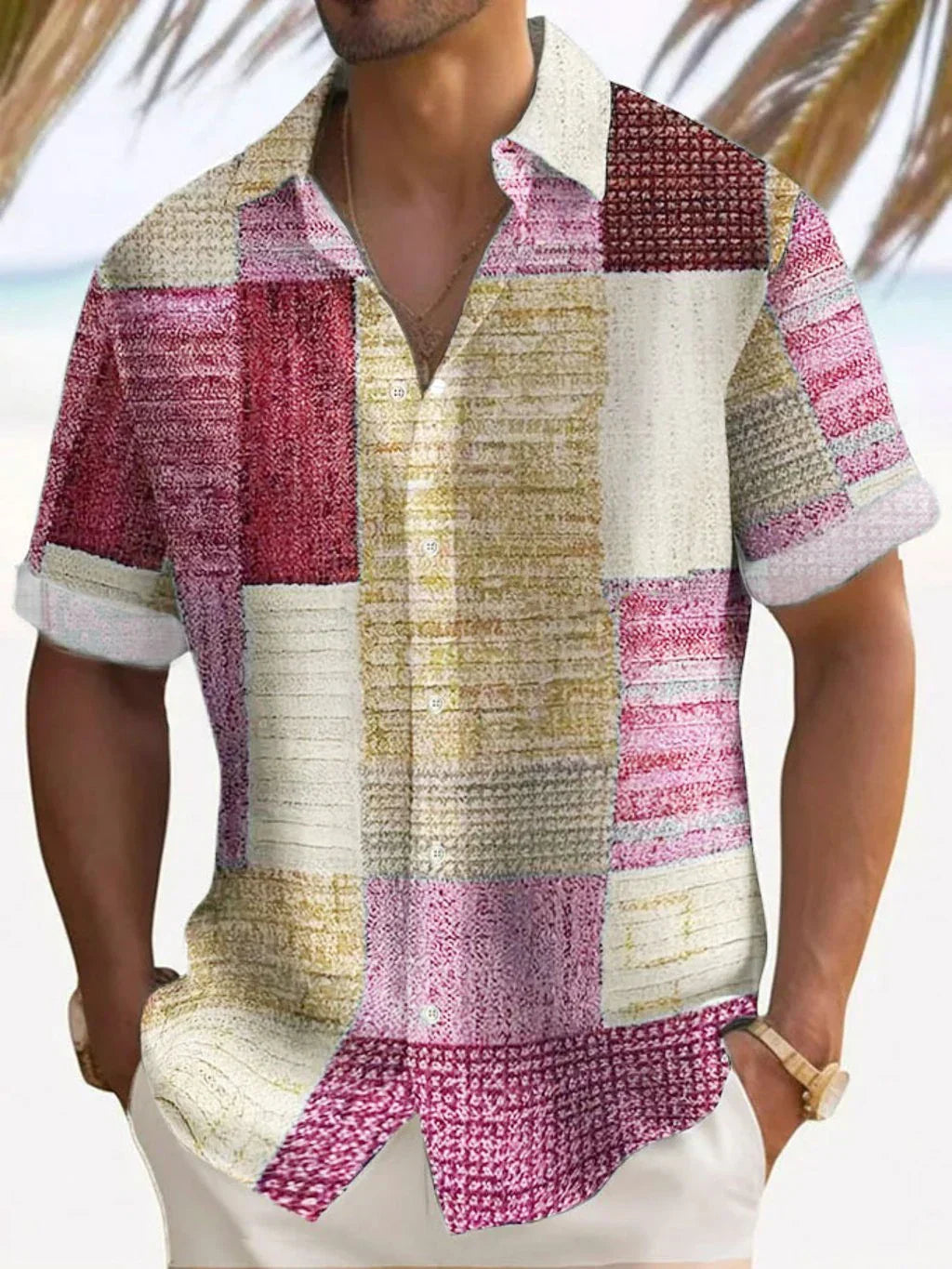 Effortless Patchwork Print Shirt for Women with Collared V Neck Short Sleeve Relaxed Button Front Casual Style