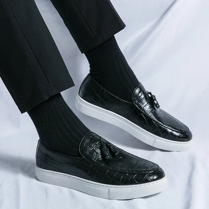 Elegant Crocodile Embossed Tassel Loafers for Women with Slip On Platform Sole Casual Style