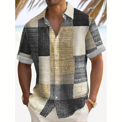 Effortless Patchwork Print Shirt for Women with Collared V Neck Short Sleeve Relaxed Button Front Casual Style