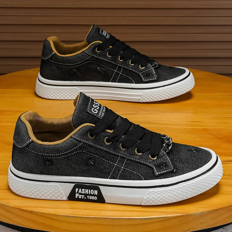 Effortless Denim Canvas Sneaker for Women with Lace Up Low Top Distressed Casual Style