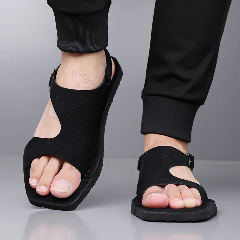 Effortless Suede Buckle Sandal for Women with Open Toe Ankle Strap Flat Casual Style