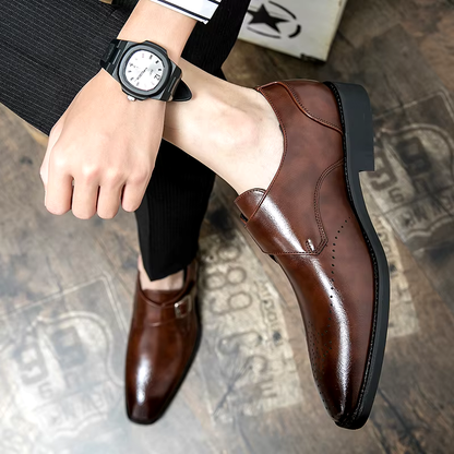 Elegant Leather Monk Strap Loafers for Women with Buckle Strap Brogue Detail Pointed Toe Style