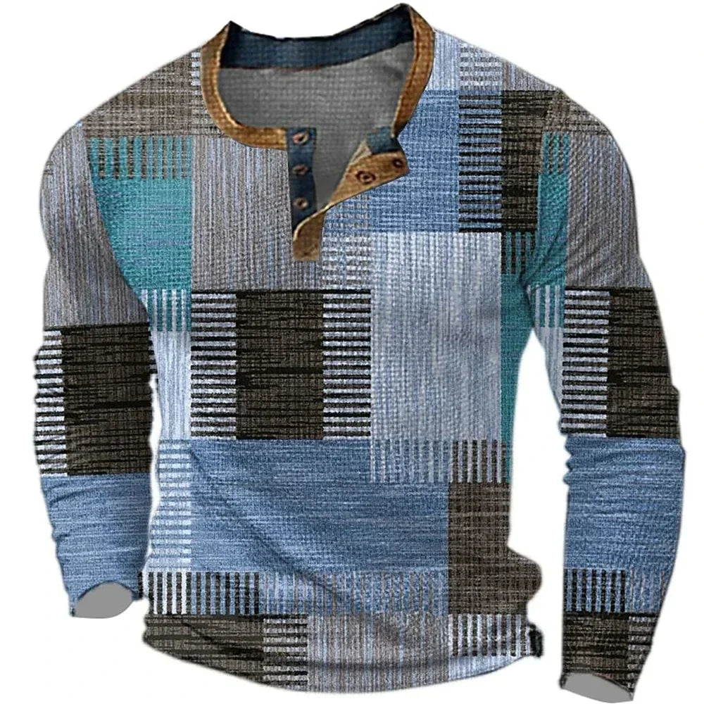 Comfortable Patchwork Henley Shirt for Women with Button Placket Long Sleeve Relaxed Casual Style
