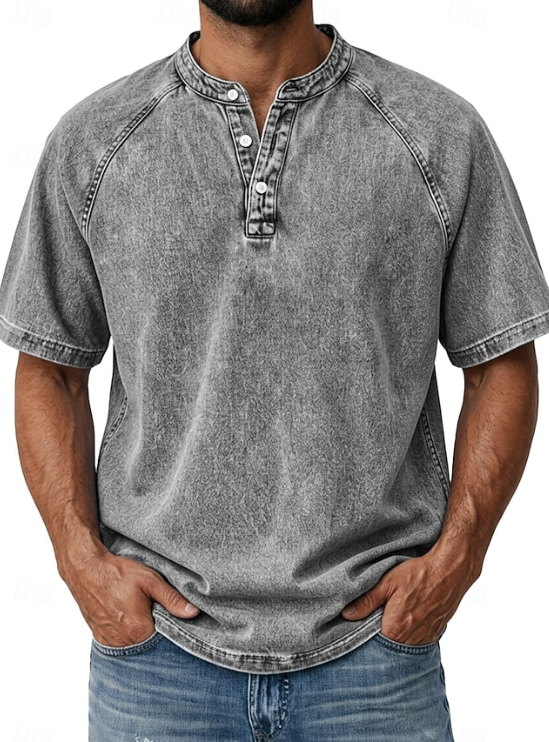 Effortless Acid Wash Denim Shirt for Women with Band Collar Short Sleeve Button Placket Relaxed Style