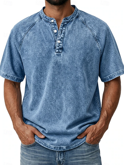 Effortless Acid Wash Denim Shirt for Women with Band Collar Short Sleeve Button Placket Relaxed Style