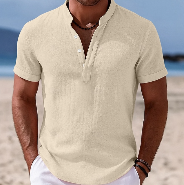 Effortless Linen Shirt for Women with Band Collar Short Sleeve Button Placket Casual Style