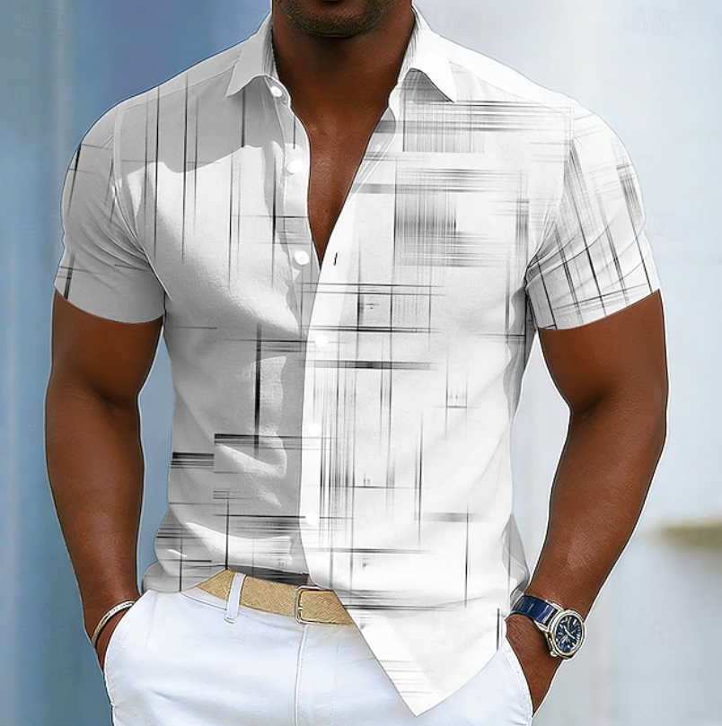 Stylish Abstract Geometric Print Shirt for Women with Collar Short Sleeve Button Front Casual Style