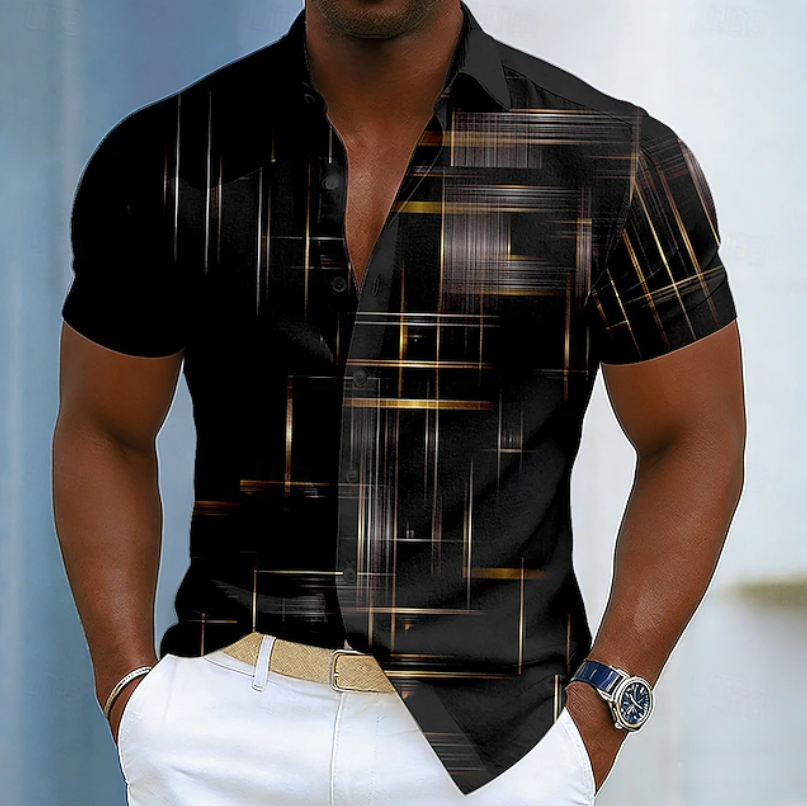 Stylish Abstract Geometric Print Shirt for Women with Collar Short Sleeve Button Front Casual Style
