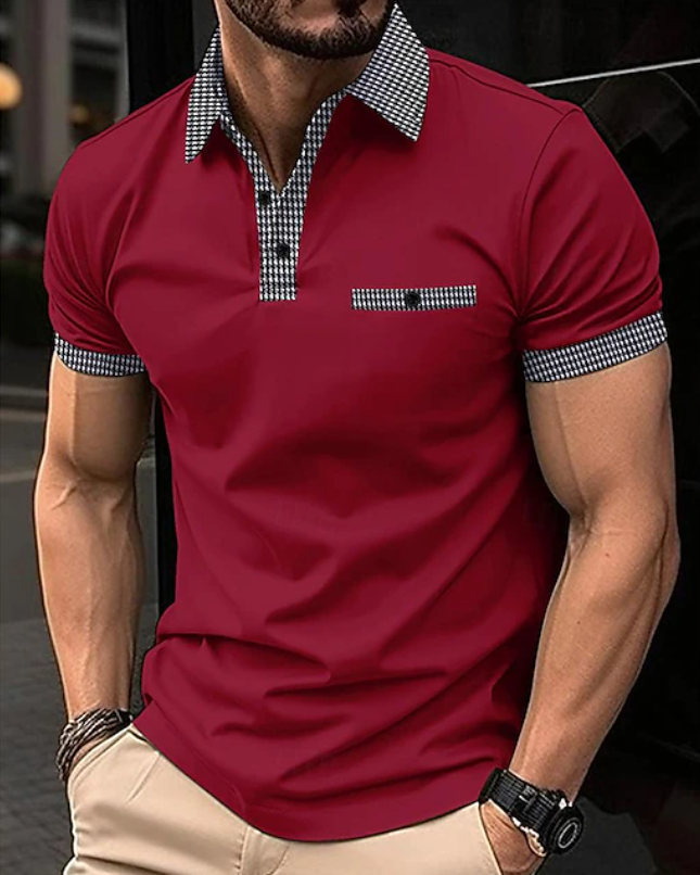 Stylish Houndstooth Trim Polo Shirt for Women with Collar Short Sleeve Button Placket Chest Pocket Casual Style