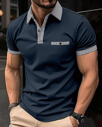 Stylish Houndstooth Trim Polo Shirt for Women with Collar Short Sleeve Button Placket Chest Pocket Casual Style