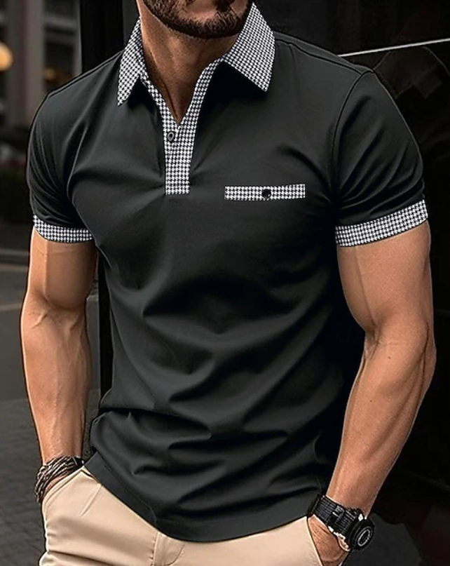 Stylish Houndstooth Trim Polo Shirt for Women with Collar Short Sleeve Button Placket Chest Pocket Casual Style
