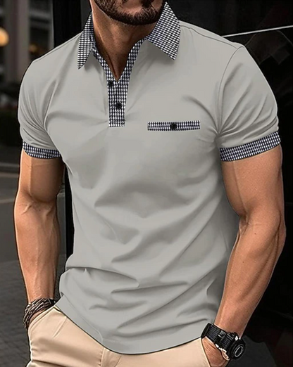 Stylish Houndstooth Trim Polo Shirt for Women with Collar Short Sleeve Button Placket Chest Pocket Casual Style