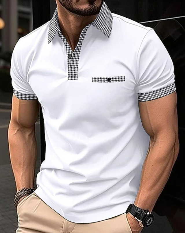 Stylish Houndstooth Trim Polo Shirt for Women with Collar Short Sleeve Button Placket Chest Pocket Casual Style