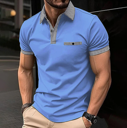 Stylish Houndstooth Trim Polo Shirt for Women with Collar Short Sleeve Button Placket Chest Pocket Casual Style