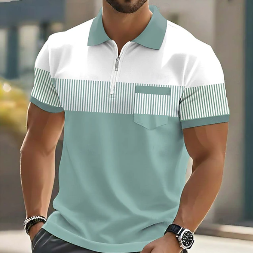 Effortless Striped Colorblock Polo Shirt for Women with Zip Collar Short Sleeve Chest Pocket Casual Style