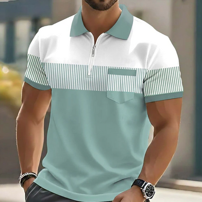 Effortless Striped Colorblock Polo Shirt for Women with Zip Collar Short Sleeve Chest Pocket Casual Style