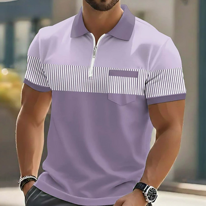Effortless Striped Colorblock Polo Shirt for Women with Zip Collar Short Sleeve Chest Pocket Casual Style