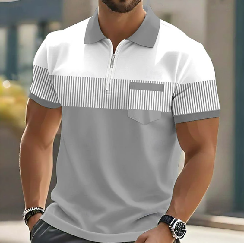 Effortless Striped Colorblock Polo Shirt for Women with Zip Collar Short Sleeve Chest Pocket Casual Style