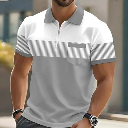 Effortless Striped Colorblock Polo Shirt for Women with Zip Collar Short Sleeve Chest Pocket Casual Style