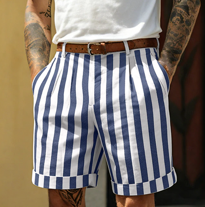 Effortless Striped Bermuda Shorts for Women with High Waist Pleated Cuffed Hem Casual Style