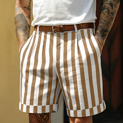 Effortless Striped Bermuda Shorts for Women with High Waist Pleated Cuffed Hem Casual Style