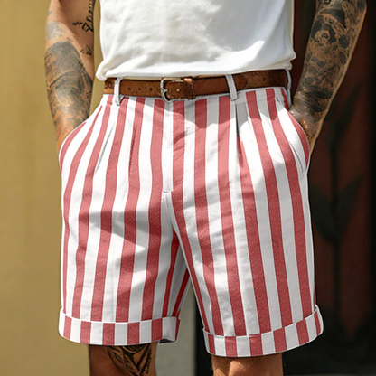 Effortless Striped Bermuda Shorts for Women with High Waist Pleated Cuffed Hem Casual Style
