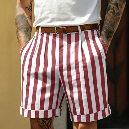 Effortless Striped Bermuda Shorts for Women with High Waist Pleated Cuffed Hem Casual Style