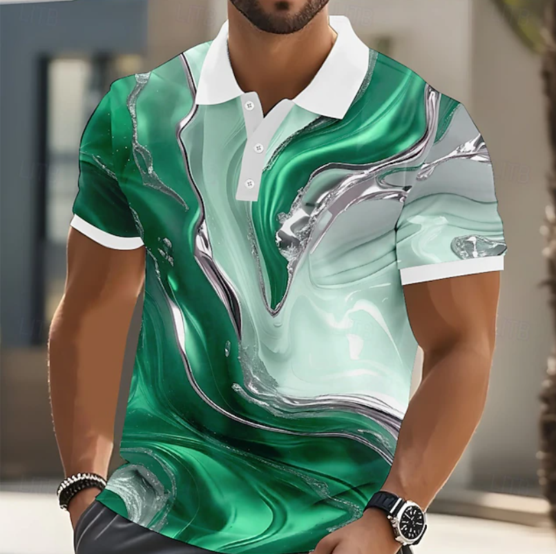 Stylish Marble Print Polo Shirt for Women with Collared Short Sleeve Button Placket Casual Style