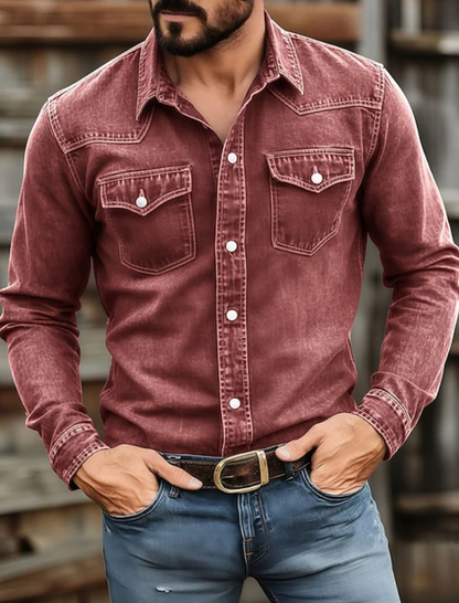 Effortless Denim Western Shirt for Women with Point Collar Long Sleeve Snap Button Casual Style