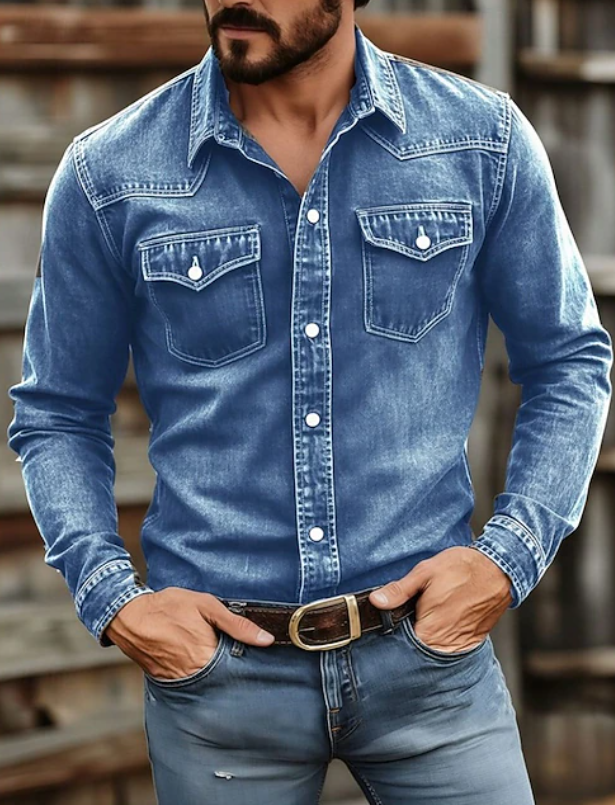 Effortless Denim Western Shirt for Women with Point Collar Long Sleeve Snap Button Casual Style