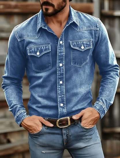 Effortless Denim Western Shirt for Women with Point Collar Long Sleeve Snap Button Casual Style