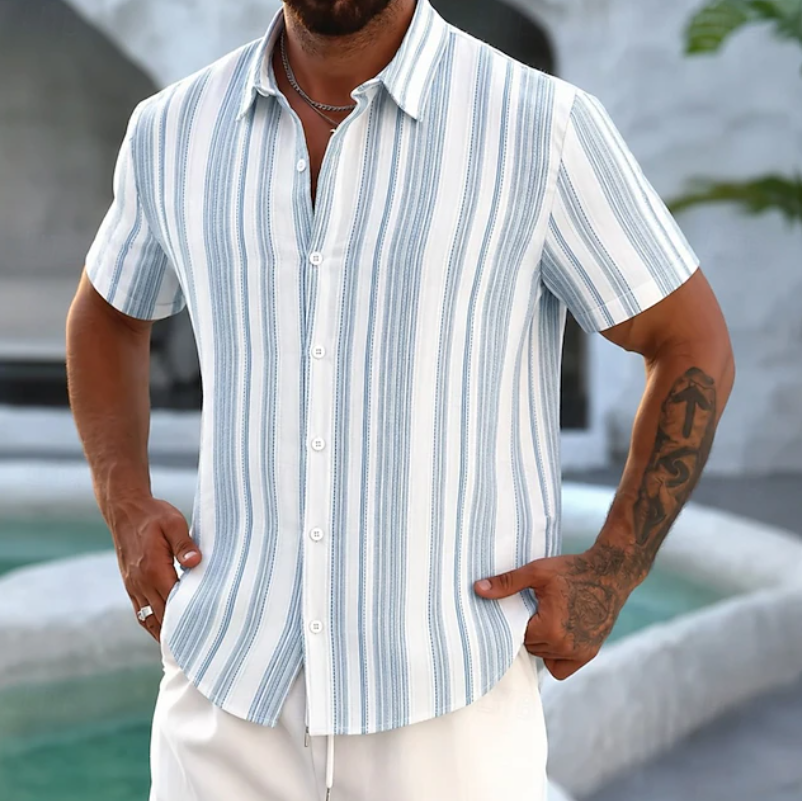 Effortless Striped Linen Shirt for Women with Collared Short Sleeve Button Front Relaxed Style