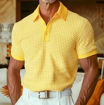 Effortless Waffle Knit Polo Shirt for Women with Spread Collar Short Sleeve Ribbed Button Placket Casual Style