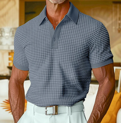 Effortless Waffle Knit Polo Shirt for Women with Spread Collar Short Sleeve Ribbed Button Placket Casual Style