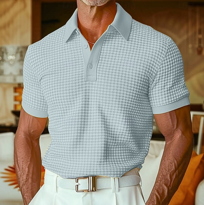 Effortless Waffle Knit Polo Shirt for Women with Spread Collar Short Sleeve Ribbed Button Placket Casual Style