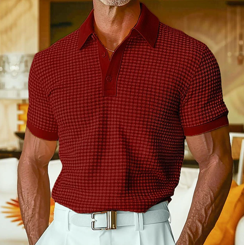 Effortless Waffle Knit Polo Shirt for Women with Spread Collar Short Sleeve Ribbed Button Placket Casual Style