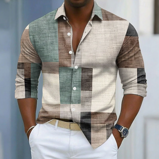 Effortless Patchwork Shirt for Women with Collar Long Sleeve Button Front Casual Style