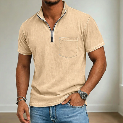 Effortless Washed Cotton Henley Shirt for Women with Zip Neck Short Sleeve Chest Pocket Relaxed Style