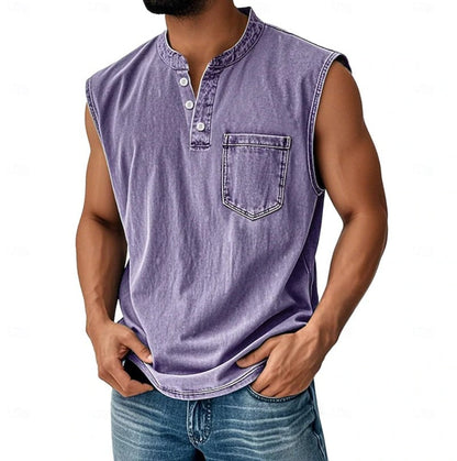 Effortless Denim Tank Top for Women with Henley Neck Sleeveless Button Front Relaxed Casual Style