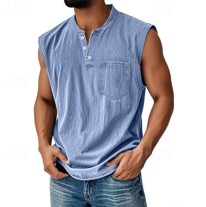 Effortless Denim Tank Top for Women with Henley Neck Sleeveless Button Front Relaxed Casual Style
