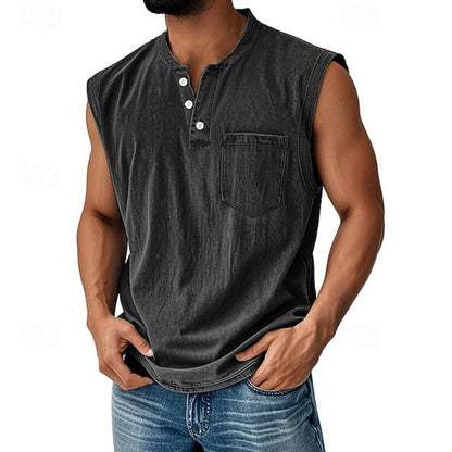 Effortless Denim Tank Top for Women with Henley Neck Sleeveless Button Front Relaxed Casual Style