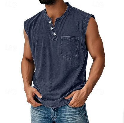 Effortless Denim Tank Top for Women with Henley Neck Sleeveless Button Front Relaxed Casual Style