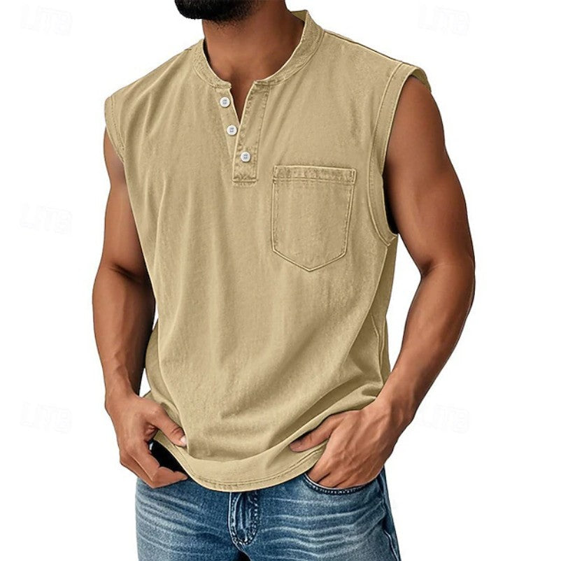 Effortless Denim Tank Top for Women with Henley Neck Sleeveless Button Front Relaxed Casual Style