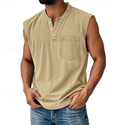 Effortless Denim Tank Top for Women with Henley Neck Sleeveless Button Front Relaxed Casual Style
