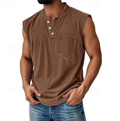 Effortless Denim Tank Top for Women with Henley Neck Sleeveless Button Front Relaxed Casual Style