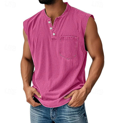 Effortless Denim Tank Top for Women with Henley Neck Sleeveless Button Front Relaxed Casual Style